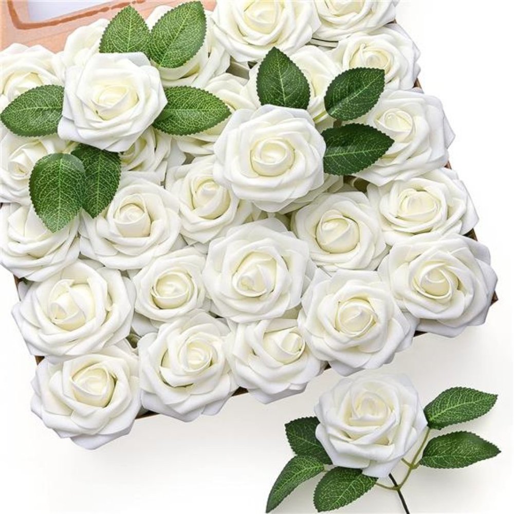 50Pcs Artificial Flowers Rose Ivory White Fake Roses Decoration Real Looking